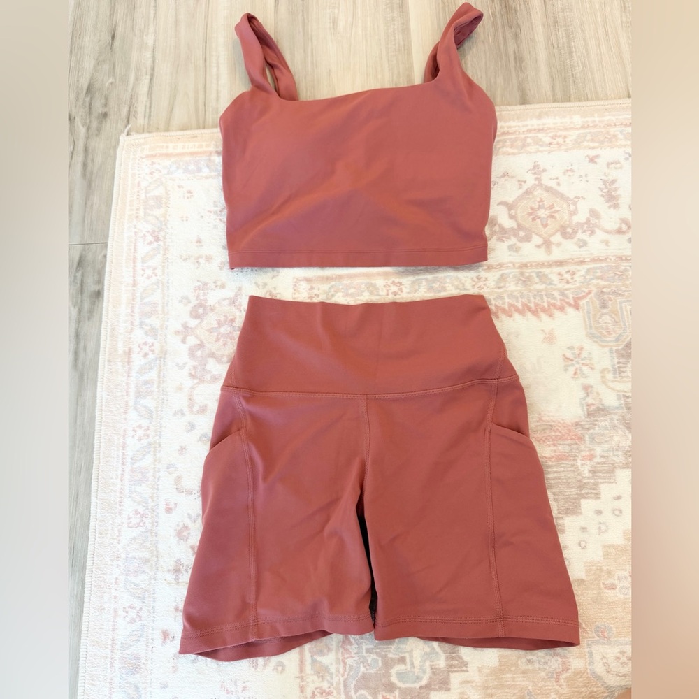 CRZ YOGA Butterluxe Biker Shorts + Square Neck Sports Bra Set in Peach